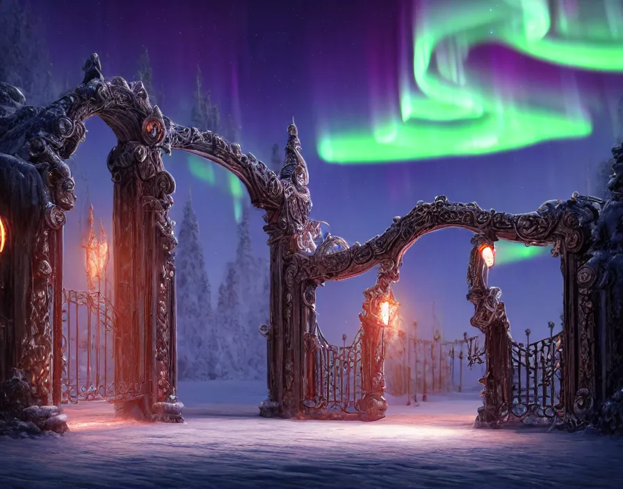 Image similar to a very detailed concept art of intricate and well designed magical gates infused with aurora borealis, dynamic lighting, trending on artstation, path traced, highly detailed, high quality, digital art, 4 k, hyper realistic, octane render, sharp focus