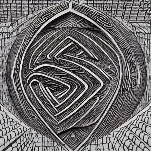 Prompt: a wood print carving of a labyrinth in the style of mc escher