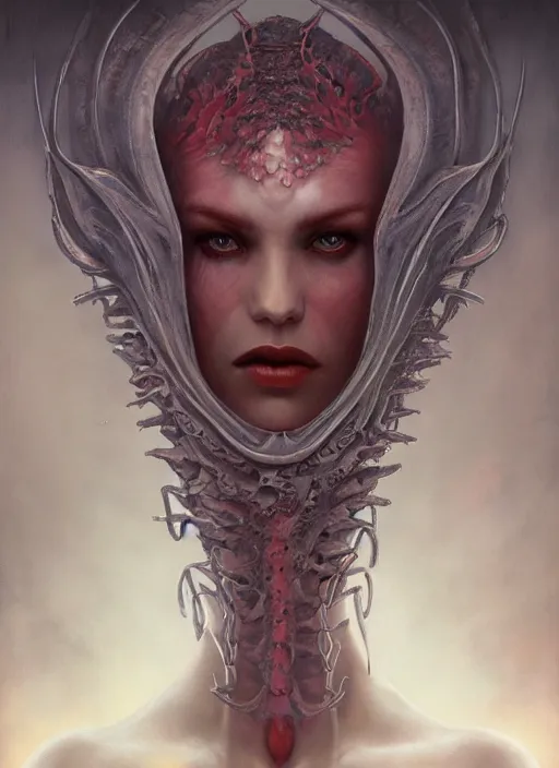 Image similar to a detailed full body portrait the queen of blades, rule of thirds, a beautiful face, diablo 4 lilith, by tom bagshaw, by dorian cleavenger, zdzisław beksinski, bastien lecouffe - deharme trending on artstation