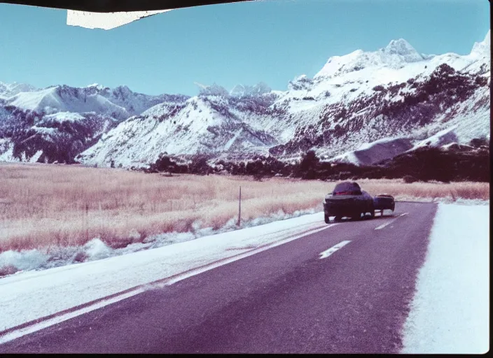 Image similar to A very high resolution image from a new movie, landscape from a car window , mountains, snowy, snowy mountains, Polaroid, directed by wes anderson