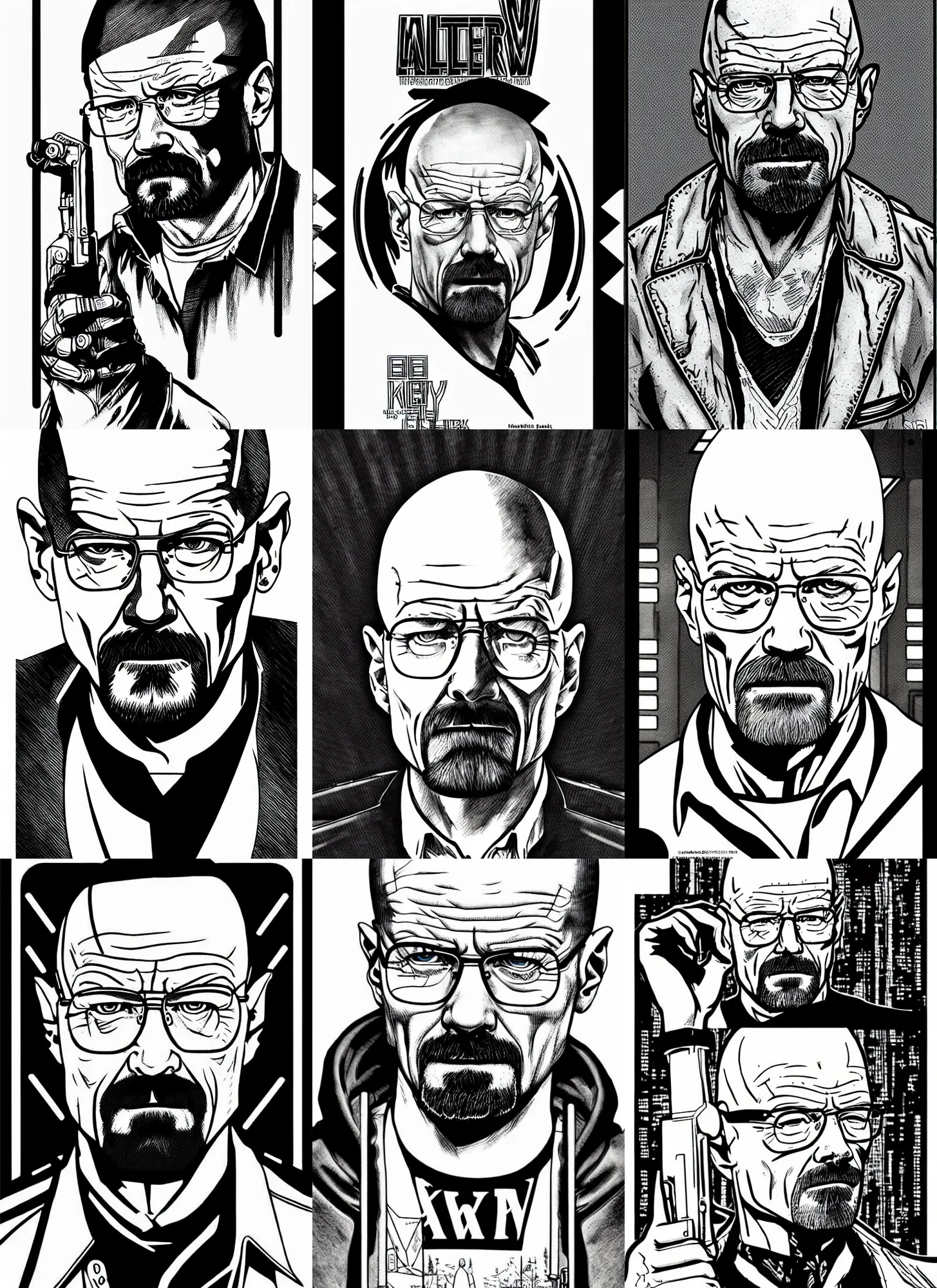 Prompt: walter white, portrait, cyberpunk 2 0 2 0 manual, by steampoweredmikej, inktober, ink drawing, black and white, coloring pages, manga, highly detailed