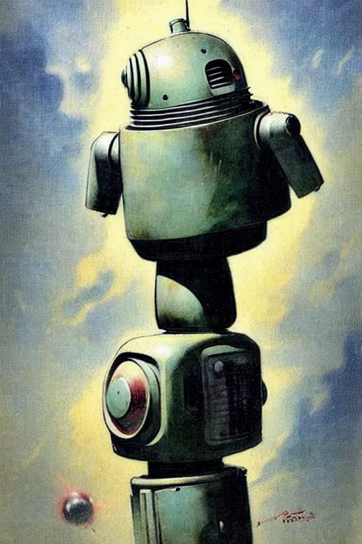 Prompt: (((((1950s robot robby the robot. muted colors.))))) by Jean-Baptiste Monge !!!!!!!!!!!!!!!!!!!!!!!!!!!