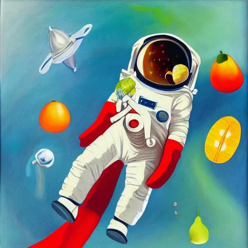 Prompt: an astronaut floating in space, fruits are floating around him, oil painting