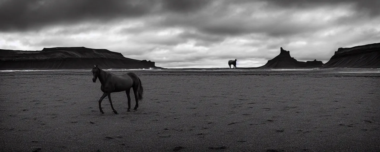 Image similar to low angle cinematic shot of lone futuristic horse in the middle of an endless black sand beach in iceland, iceberg, 2 8 mm