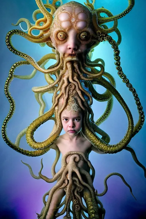 Image similar to A full body shot of a cute young humanoid monster wearing an ornate dress made of opals and tentacles on the ocean floor. Subsurface Scattering. Dynamic Pose. Translucent Skin. Caustics. Prismatic light. defined facial features, symmetrical facial features. Opalescent surface. Soft Lighting. beautiful lighting. By Giger and Ruan Jia and Artgerm and WLOP and William-Adolphe Bouguereau and Loish and Lisa Frank. Fantasy Illustration. Sailor Moon. Masterpiece. trending on artstation, featured on pixiv, award winning, cinematic composition, dramatic pose, sharp, details, Hyper-detailed, HD, HDR, 4K, 8K.