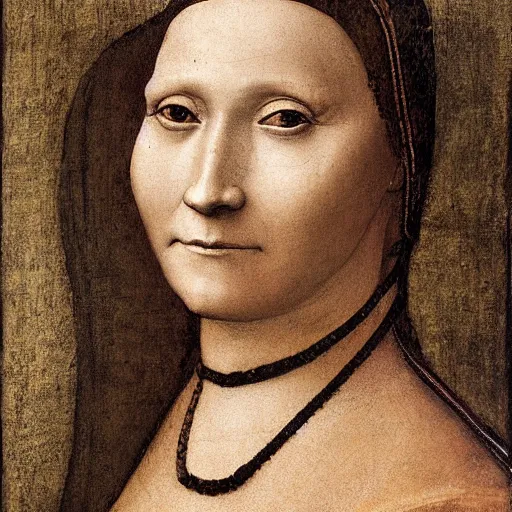 Prompt: a portrait of an old noble woman, tan skinned with brown hair by leonardo da vinci