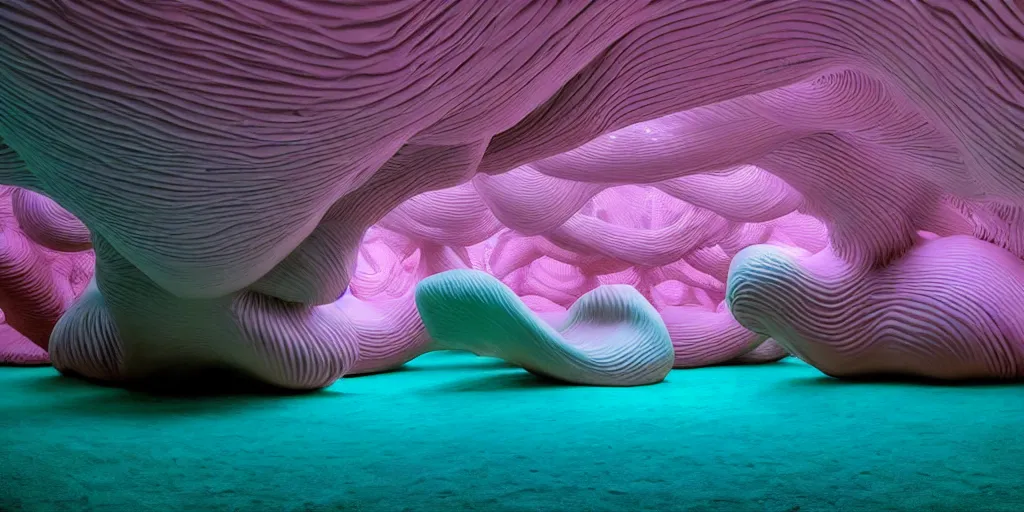 Image similar to biomorphic inflated latex structures by ernesto neto, light - mint with light - pink color, 4 k, insanely quality, highly detailed, film still from the movie directed by denis villeneuve with art direction by zdzisław beksinski, telephoto lens, shallow depth of field