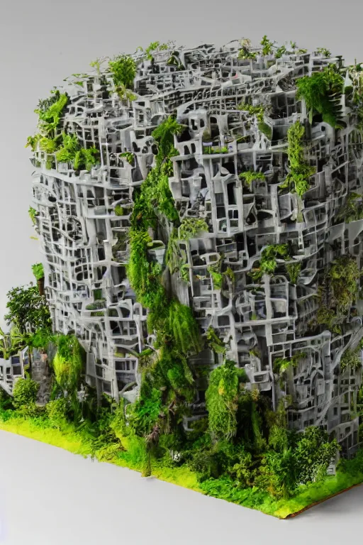 Image similar to 3 d printed physical model organic flowy including more than one city into one vertical building model that sits on a table in a room with a view back, multiple stories, transparent, with vegetation, colorful, eye - level view, 8 0 k, octane render, highly detailed 3 d render,