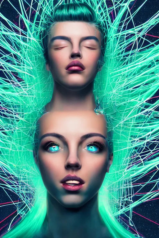 Image similar to a award winning half body portrait of a beautiful woman with stunning eyes in a croptop denim jacket and cargo pants with ombre green teal hairstyle head in motion and hair flying while dancing by thomas danthony, surrounded by whirling illuminated lines, outrun, vaporware, shaded flat illustration, digital art, trending on artstation, highly detailed, fine detail, intricate