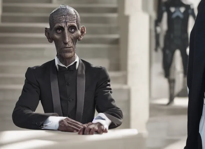 Image similar to Ebony Maw working as a funeral director in the new avengers movie, 4k