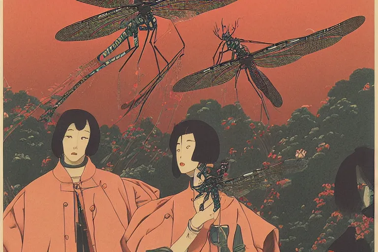 Image similar to gigantic dragonflies with human faces catch tiny robots, a lot of exotic mechas robots around, human heads everywhere, risograph by kawase hasui, dirtyrobot, edward hopper, satoshi kon and moebius, colorful flat surreal design, super - detailed, a lot of tiny details, fullshot