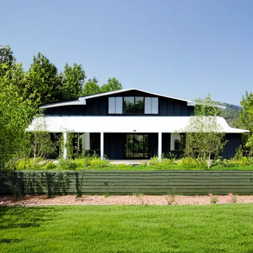 Prompt: Modern Farmhouse villa, white block fence, greenery growing, white plank siding, galvalume metal roofing, simple gable roofs, lush landscaping, sunny, napa,