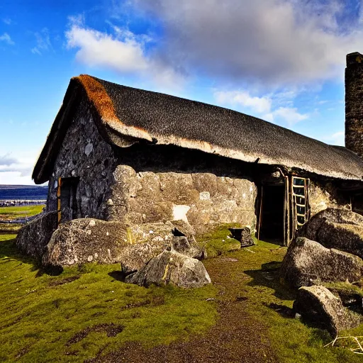 Prompt: medieval scottish blackhouse designed by constantin brodzki., fujinon premista 1 9 - 4 5 mm