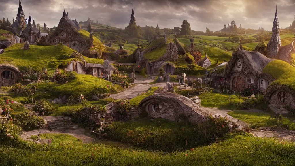 Prompt: a beautiful wide shot of hobbiton, middle earth, alan lee, fromsoftware, elden ring, dark souls, bloodborne, dark fantasy, realistic, highly detailed, 8 k, volumetric lighting, sinister lighting, detailed terrain, concept art, matte painting