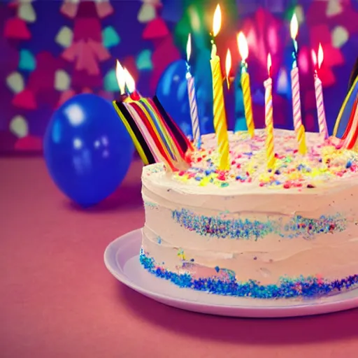 Prompt: matte painting of a birthday cake with candles. balloons, streamers, confetti. Happy birthday.