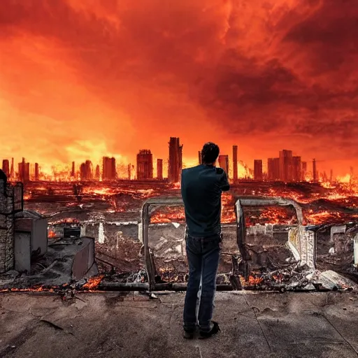 Prompt: man watching a ruined post-apocalyptic city under burning red sky, photorealistic