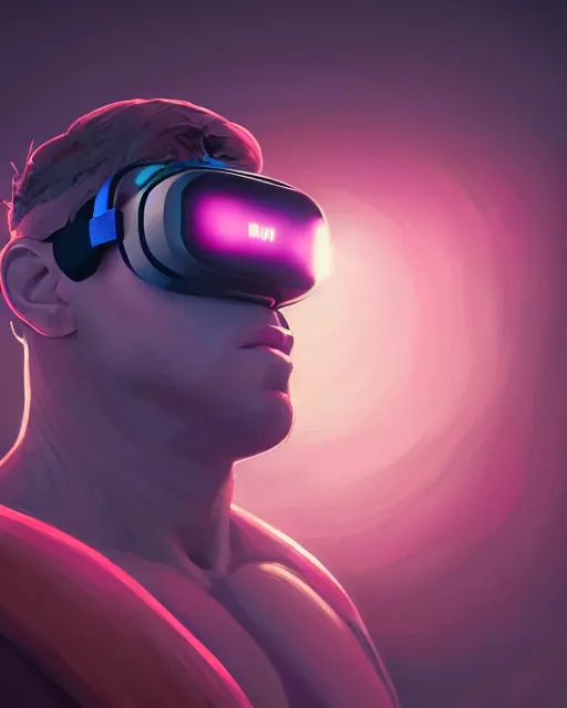 Image similar to highly detailed vfx portrait of, big wrestler wearing a vr headset, stephen bliss, unrealengine, greg rutkowski, loish, rhads, beeple, makoto shinkai and lois van baarle, ilya kuvshinov, rossdraws, tom bagshaw,