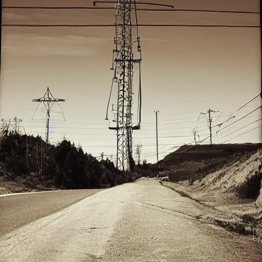 Prompt: a road next to warehouses, and a hill behind it with a radio tower on top, disposable camera effect