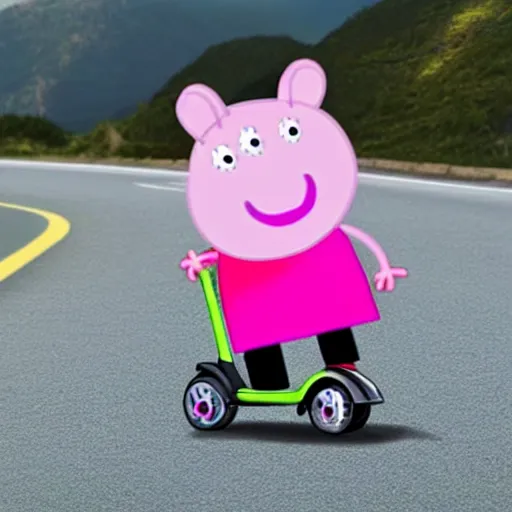 Image similar to peppa pig riding a scooter on a mountain