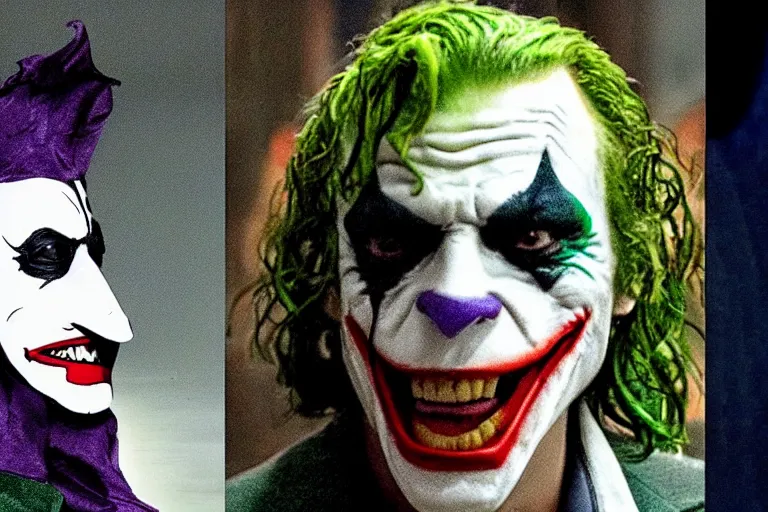 Prompt: The Joker in the dark knight wearing a latex shoebill stork mask