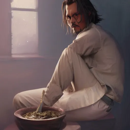 Prompt: johnny depp sitting in a bowl of dip, ultra high detailed, oil painting, greg rutkowski, charlie bowater, yuumei, yanjun cheng, unreal 5, daz, hyperrealistic, octane render, rpg portrait, dynamic lighting