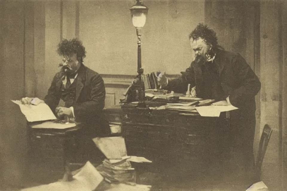 Prompt: wet plate photograph, august strindberg angry shouting throwing papers and banging his fist on a secretary desk in a small messy viennese apartment, night time, alone, lamplight, victorian era, depth of field, very detailed, highly accurate, intricate