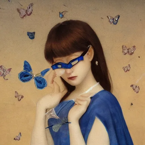 Prompt: a disgusted brunette woman with white glasses and a blue butterfly on her nose, a screenshot by ke jiusi, trending on cg society, aestheticism, art, booru, renaissance painting