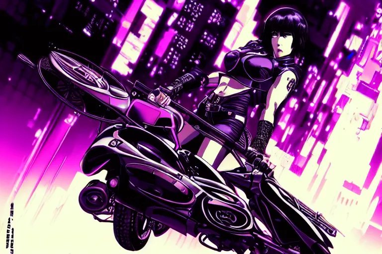 Image similar to motoko kusanagi riding a cyberpunk vehicle in a grungy cyberpunk megacity, intricate and finely detailed, cyberpunk vaporwave, by phil jimenez, ilya kuvshinov