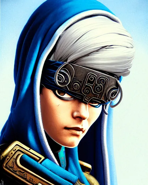 Image similar to ana from overwatch, eye patch, white hair, hooded blue cloak, older egyptian woman, character portrait, portrait, close up, concept art, intricate details, highly detailed, vintage sci - fi poster, in the style of chris foss, rodger dean, moebius, michael whelan, and gustave dore