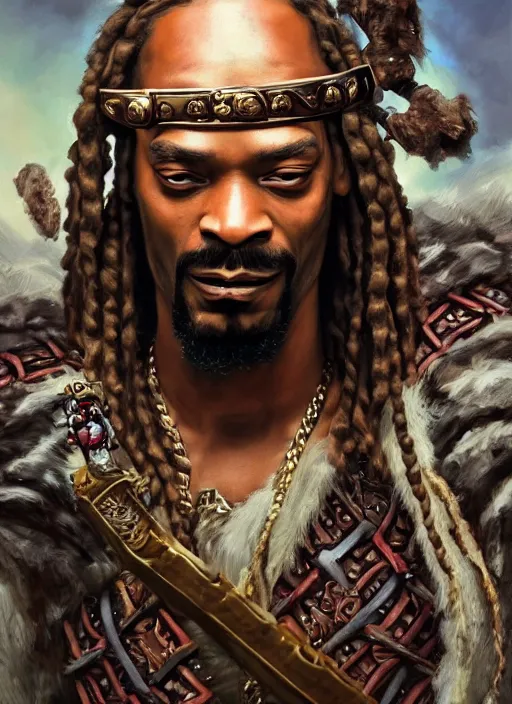 Image similar to snoop dogg as a barbarian, short beard, grumpy, Ivan Aivakovsky, Boris Vallejo, epic fantasy character art, D&D Concept Art, full length, Realistic, Regal, Refined, Detailed Digital Art, Oil Paining, Exquisite detail, post-processing, masterpiece, Cinematic Lighting, Unreal Engine, 8k, HD, Stanley Artgerm Lau, WLOP, Rossdraws, Frank Frazetta, Andrei Riabovitchev, Marc Simonetti, trending on artstation,