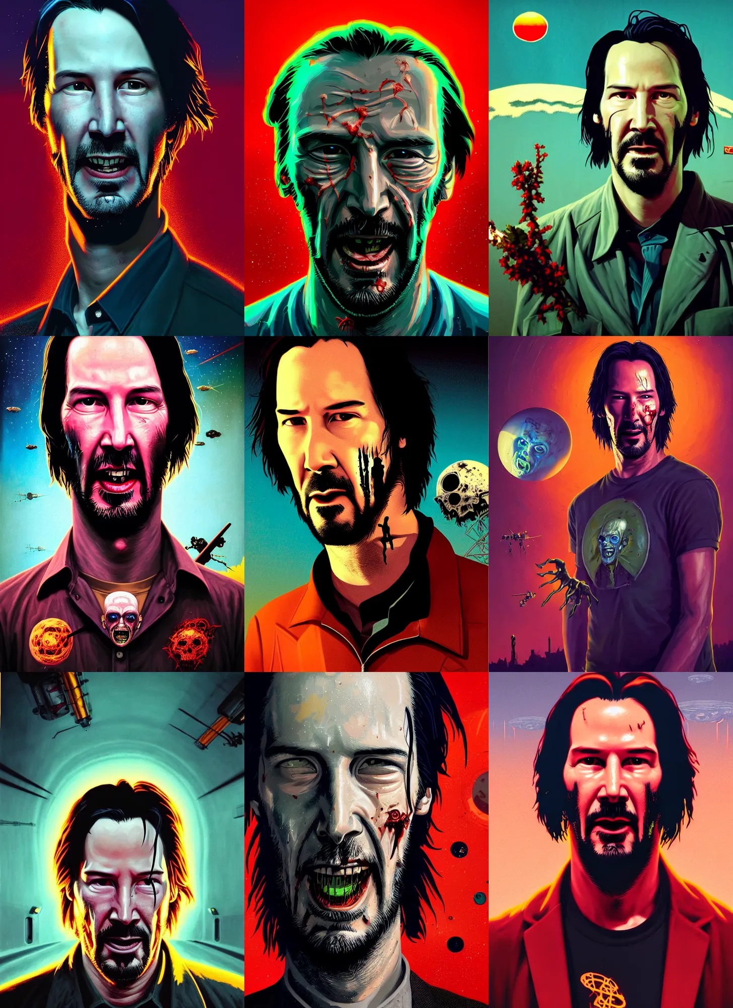 Prompt: retrofuturistic zombie portrait of keanu reeves as zombie in front of atomic bomb explosion, backlighting, space graphics art in background, close up, quint buchholz, wlop, dan mumford, artgerm, liam brazier, peter mohrbacher, raw, featured on artstation, octane render, cinematic, elegant, intricate, 8 k