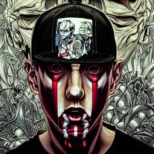 Image similar to portrait closeup of crazy eminem, symmetrical, by yoichi hatakenaka, masamune shirow, josan gonzales and dan mumford, ayami kojima, takato yamamoto, barclay shaw, karol bak, yukito kishiro