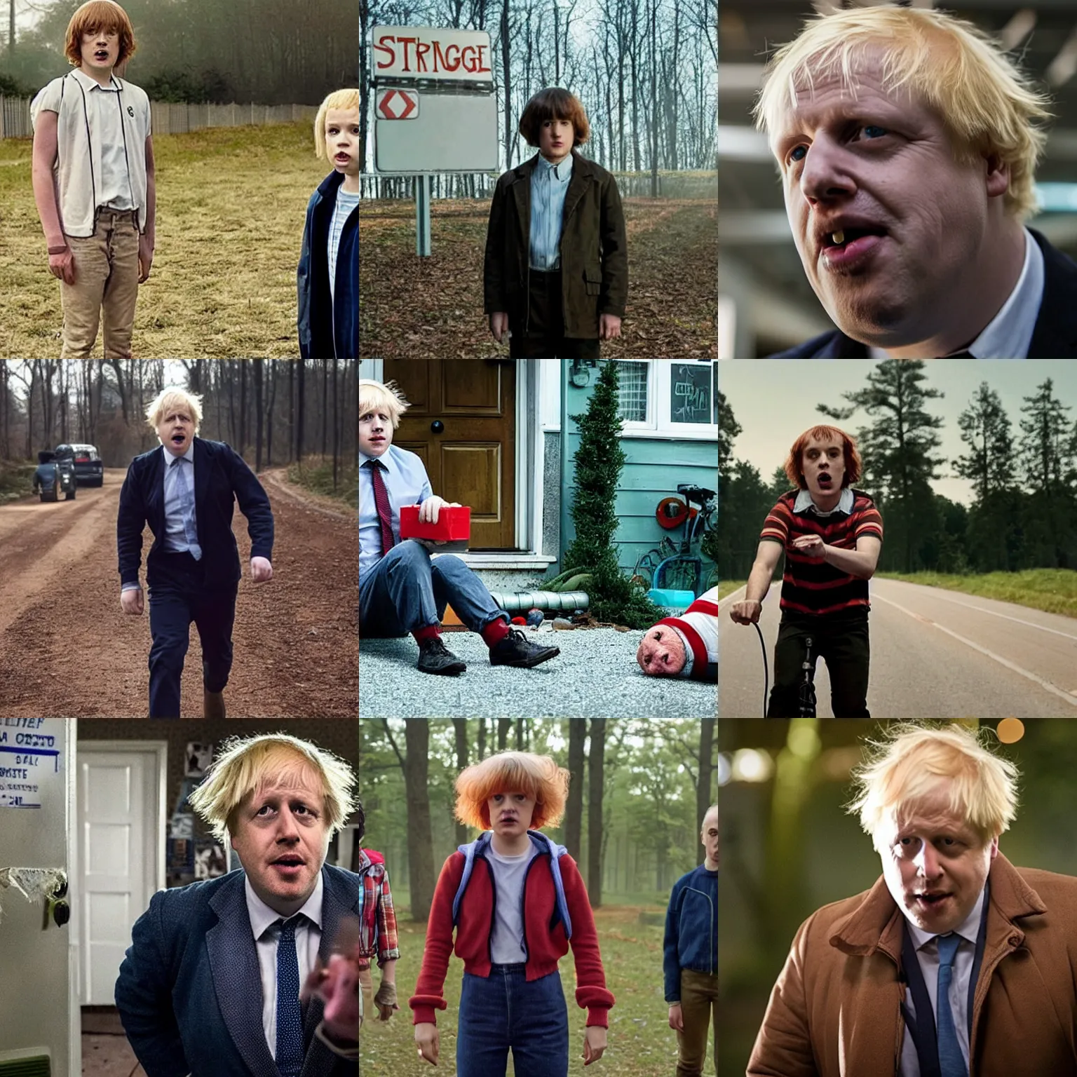 Prompt: still image from TV series, Boris Johnson in Stranger Things