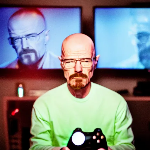 Image similar to dslr photo of walter white as a twitch streamer, playing video games, room lit with leds