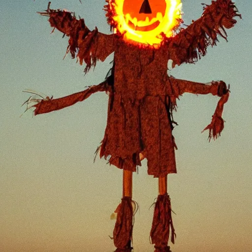 Prompt: a scarecrow is in flames. the sun has a face and is laughing. a field. children are scared