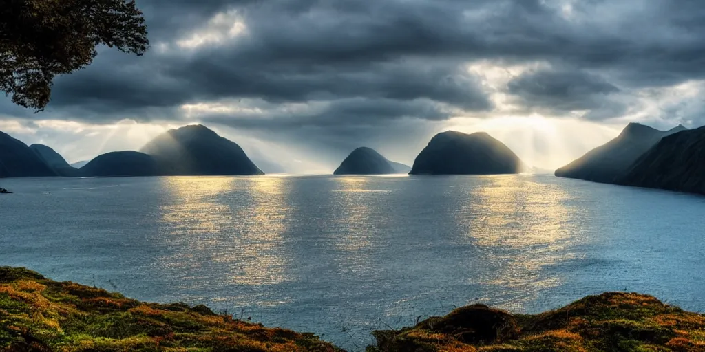 Prompt: a beautiful view of the fjords by the sea. atmosphere, god rays, golden hour, cinematic