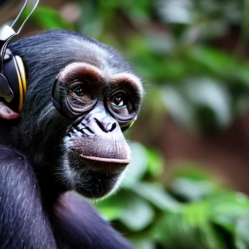 Image similar to a high quality photo of a green chimp wearing headphones, realism, 8k