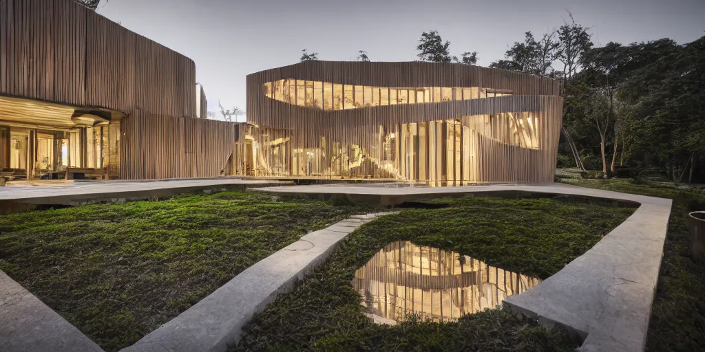 Prompt: Architectural photography of beautiful nature meets architecture concept of a residential house by Kengo Kuma, volumetric lighting, luxury, high detail, 14mm, cinematic photography, high resolution