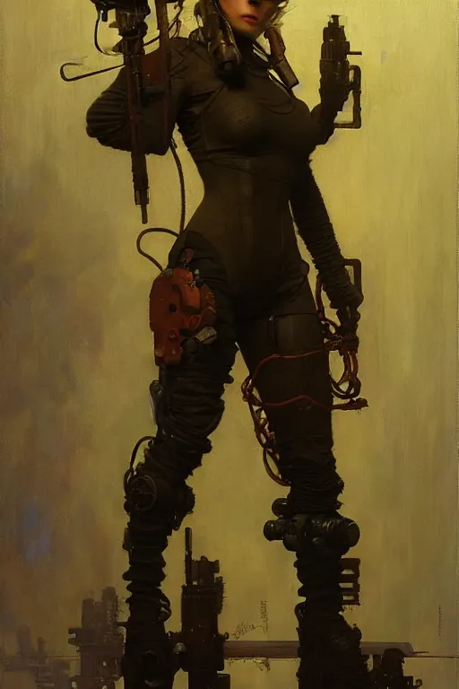 Image similar to full character portrait max mad cyberpunk, machinist tech solider girl character design, painting by gaston bussiere, katsuya terada, nc wyeth, greg rutkowski, craig mullins, vermeer, frank frazetta, tom of finland, trending on artstation, jeffery catherine jones