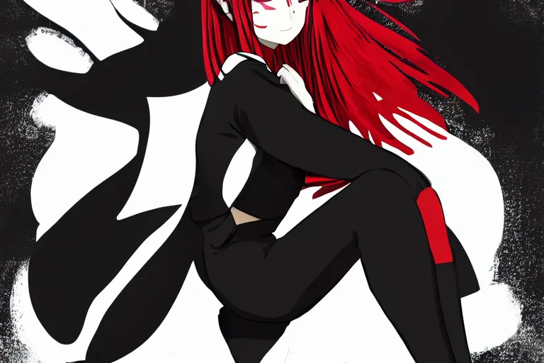 Prompt: a girl sitting vertically, wearing a black outfit with red trim, white background, soft shadow, vector shaded anime, very anime, detailed colors, digital art, 4 k