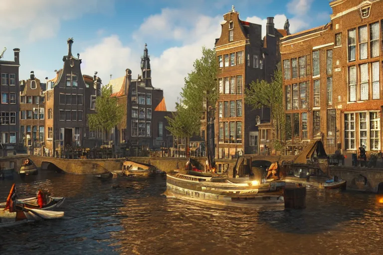 Prompt: a beautiful promotional screenshot of 1 4 0 0 s amsterdam in the video game assassins creed. 3 d render, unreal engine