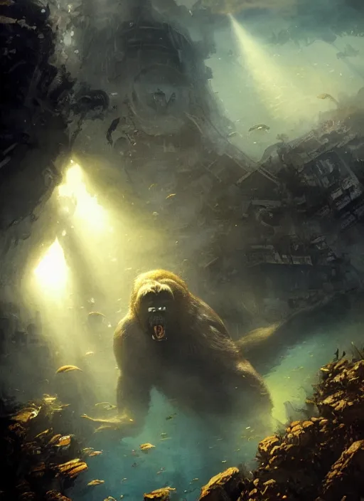 Image similar to kingkong destroying the abandoned city of atlantic underwater, a ray of sunlight, greg rutkowski, moebius, mohrbacher, frazetta, roy krenkel, boris vallejo, and manuel sanjulianblue, gold color scheme, ultra - wide angle, ultra - detailed, light effect, mystical, cinematic