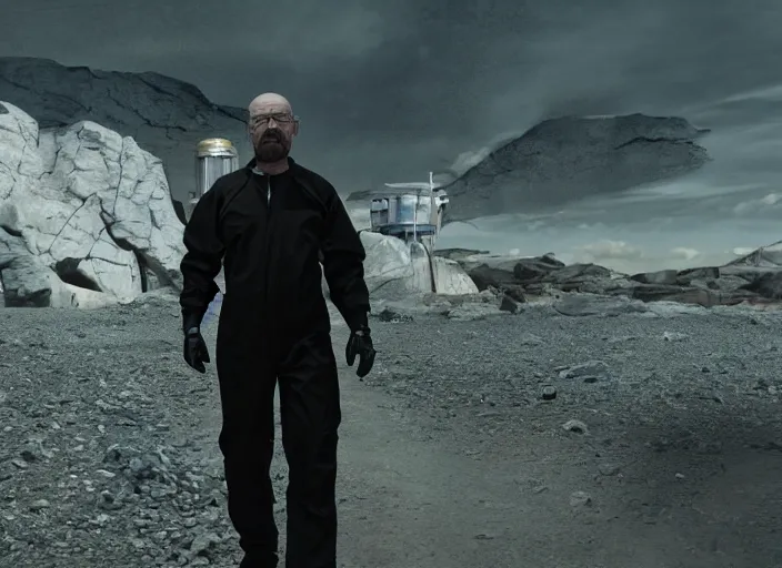 Image similar to film still of Walter White as Gordan Freeman wearing Black Mesa Jumpsuit in the Half Life Movie, 4k