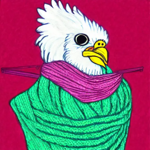 Image similar to A chicken knitting a scarf, color drawing