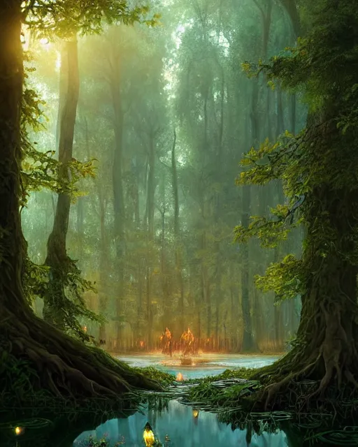 Image similar to a huge magical pond surrounded by a dense forest of crooked trees, roots reaching out to the water, fireflies, deep focus, d & d, fantasy, intricate, elegant, highly detailed, digital painting, artstation, concept art, matte, sharp focus, illustration, hearthstone, art by greg rutkowski and alphonse mucha and andreas rocha