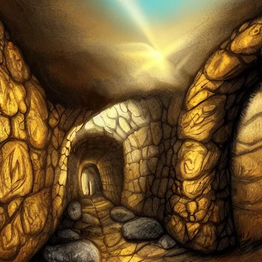 Image similar to 12000 year old tunnel from Scotland to turkey. Illustration. Detailed. Trending on art station