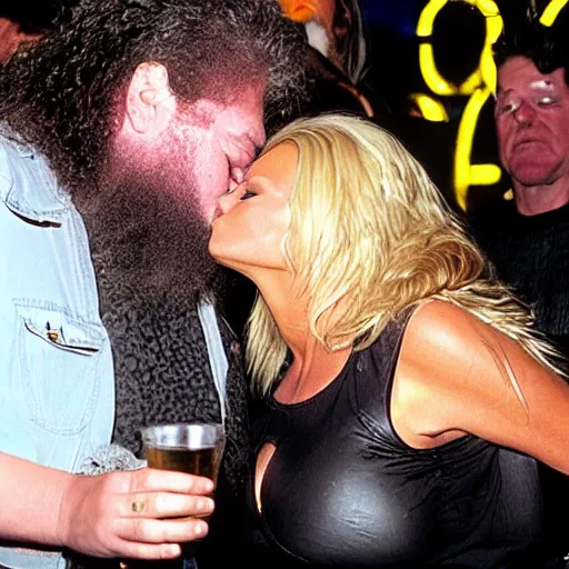 Image similar to Hagrid kissing Pamela Anderson at a dive bar award winning photography