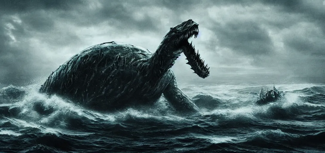 Prompt: Giant Sea Monster in treacherous waters, gothic art, color, eerie, horror, scary, ominous, 8k, highly detailed