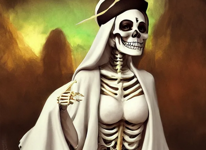 Prompt: cute & beautiful smiling mexican undead skeleton girl dressed as a vert attractive nun looking at the viewer, elegant, digital art, fantasy, pixar style, painting, pin up, highly detailed, artstation, art by artgerm, vrubel, boris vallejo and ilya kuvshinov