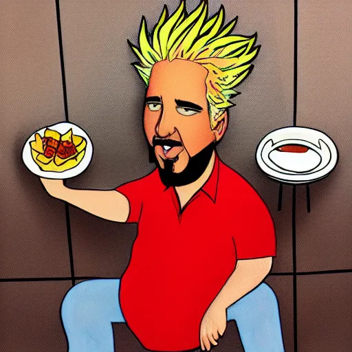 Prompt: guy fieri sitting on a white toilet in a bathroom stall , eating a plate of nachos that is sitting on his lap, 8k